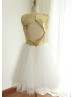 Gold Sequin Ivory Tulle Cut Out Back Sparkling Bridesmaid Dress